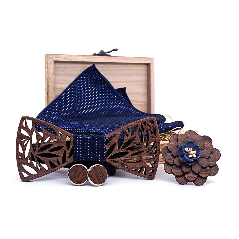 Men's Wooden Bow Tie, Handkerchief, Cufflinks and Brooch Set